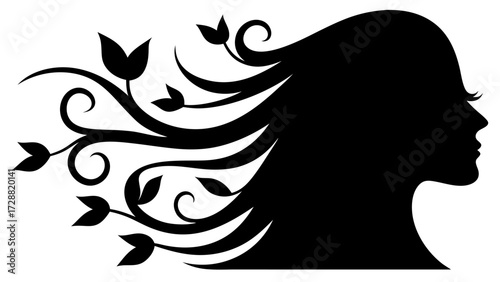 Elegant woman profile with flowing hair and floral accents showcases natural beauty and feminine charm
