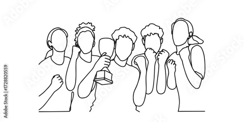Single continuous line drawing of a happy team celebrating victory with a trophy, success, achievement, leadership, collaboration, and group celebration. Perfect for concepts of winning