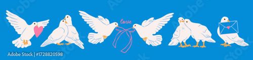 Various white Dove birds set. Pigeons with ribbon, heart, envelope. Hand drawn Vector illustration. Valentine's Day, love, romance concept. Print, greeting, postcard template. Isolated design elements