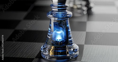 Futuristic chess piece on a chessboard with changing internal illumination effect