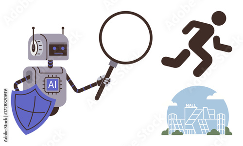 AI robot holding a magnifying glass and shield, focused on a running human figure and shopping mall. Ideal for technology, surveillance, security, retail, analytics, protection innovation. Simple