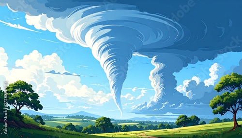 A powerful tornado over a serene landscape