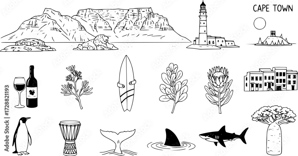 Fototapeta premium Cape town hand drawn icons collection: culture, landmarks, and nature in one set