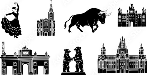 Handdrawn madrid icons featuring flamenco, bull, and famous landmarks