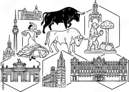 Handdrawn madrid icons featuring flamenco, bull, and famous landmarks