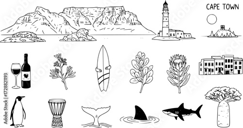 Cape town hand drawn icons collection: culture, landmarks, and nature in one set