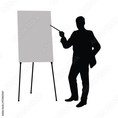 Man teacher with stick pointing at whiteboard while teaching in class black silhouette vector illustration on white background.