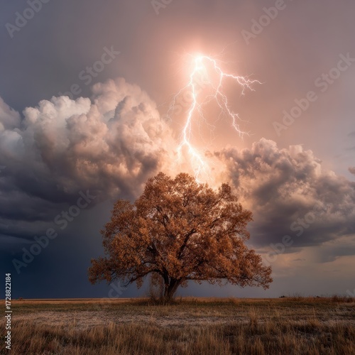 Dramatic landscape featuring lone tree silhouetted against stormy sky with lightning striking during sunset hour