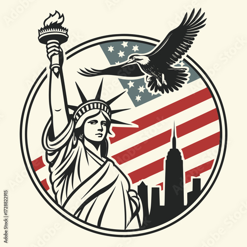 Vintage style illustration of a classic statue in a circular badge design suitable for advertising and banners