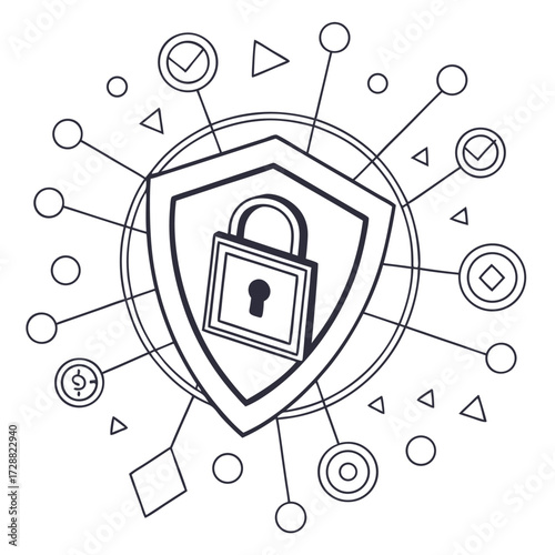 Minimalist vector illustration depicting cybersecurity concepts with abstract digital elements and a shield motif