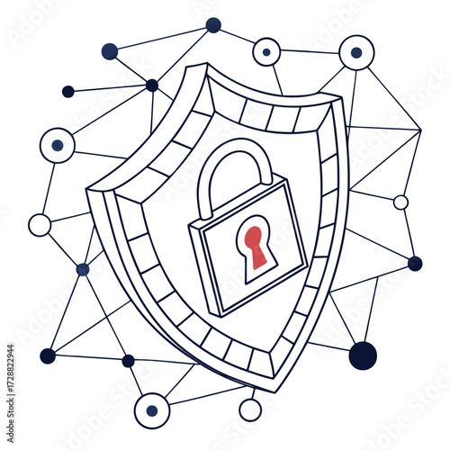 Minimalist cybersecurity illustration featuring digital security icons and abstract network elements