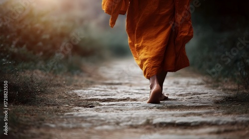 A monk in an orange robe walks barefoot on a stone path in warm morning light