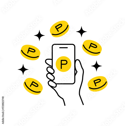 スマホ決済でポイントが貯まるのイメージ。ポイントコインとスマホのカットイラスト