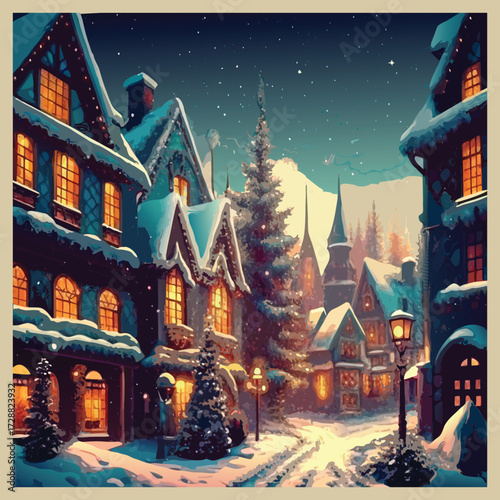 Snow Covered Rooftops in Festive Winter City.eps