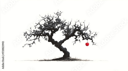Apple tree silhouette bearing one red fruit