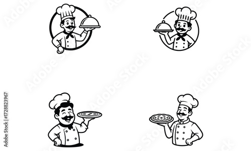 Chef mascot icon set with smiling cook holding tray for food service design 
