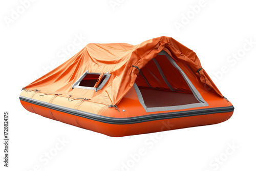 Inflatable survival raft with protective shelter isolated on transparent background