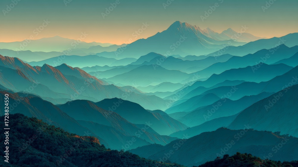 Fototapeta premium Teal turquoise gradient mountain scene