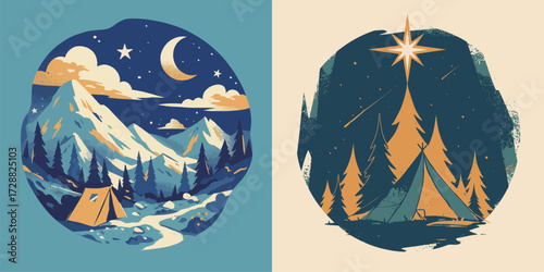 Enjoy a serene camping experience surrounded by beautiful mountains and tall trees. The clear night sky is filled with stars, creating a magical atmosphere.