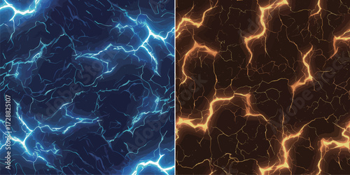 Blue lightning crackles against a dark background on one side, while fiery orange bolts illuminate the other. This vibrant display captures contrasting energy themes.