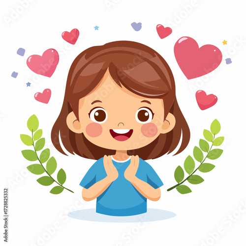 A cheerful cartoon girl with brown hair, surrounded by hearts and green leaves, expressing happiness.