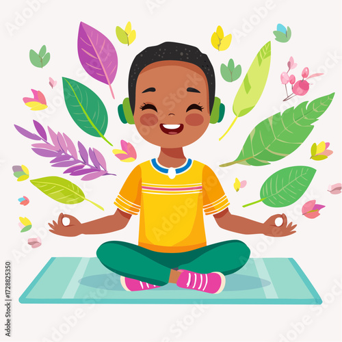 A happy young boy meditating peacefully in a lotus position on a yoga mat, surrounded by colorful floating leaves and flowers, promoting mindfulness and nature.