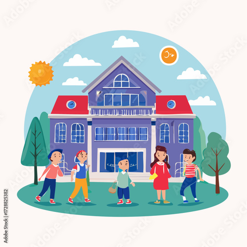 Children playing happily in front of a large, colorful school building on a sunny day, surrounded by trees and a blue sky.