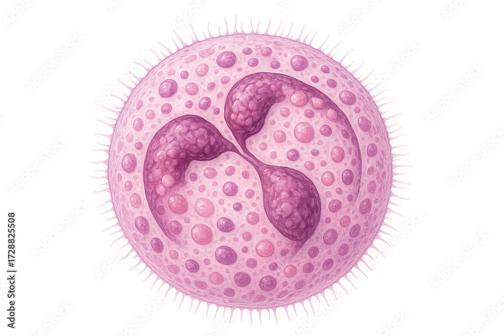 Obraz premium Detailed illustration of a neutrophil white blood cell showing its lobed nucleus and granular cytoplasm with a white background.
