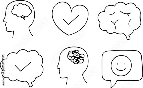 Brain mental health drawing illustration, creative human mind concept, psychology sketch design, cognitive therapy support, medical brain care, mindfulness and wellness vector art isolated on white