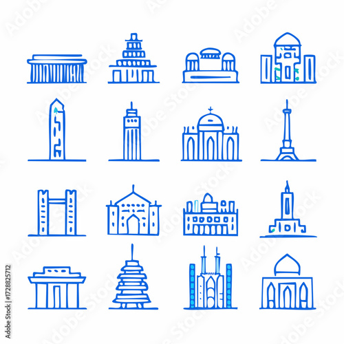 World Landmark Icons Global Architecture and Travel Destinations Illustrated in Blue Line Art