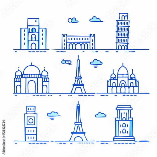 European Landmarks Vector Illustration of Famous Buildings and Architectural Icons
