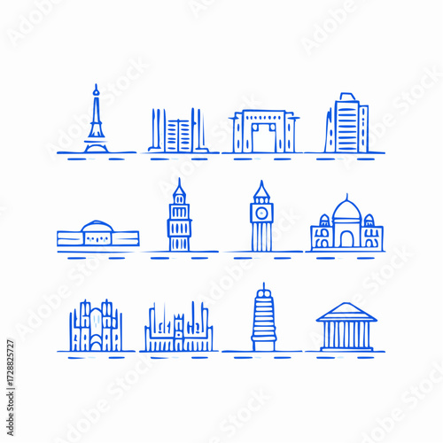 Vector icon set of global travel destinations and famous architectural monuments. Conceptual design elements for tourism and journey concepts