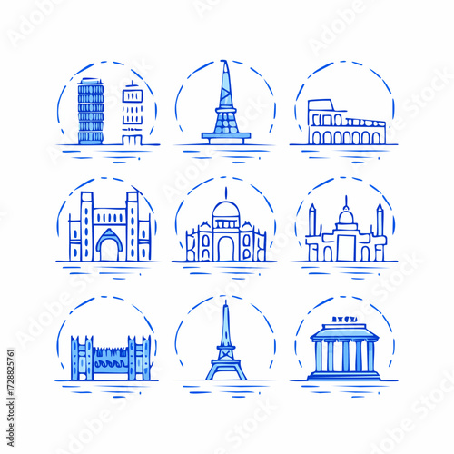 Iconic Landmark Illustrations A Collection of Architectural Marvels from Around the World in Striking Blue Outlines