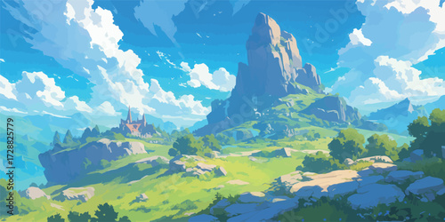 A stunning landscape showcases tall mountains and a castle nestled in lush green hills. Bright blue skies and fluffy clouds enhance the serene atmosphere of the scene.