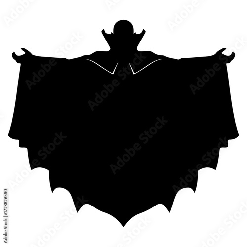 Vampire Cloak and Figure Silhouette Vector, Classic Dracula Halloween Black Icon, Dramatic Gothic Cape Shadow Illustration, Halloween designs, horror themes, gothic branding, theatrical posters, icons