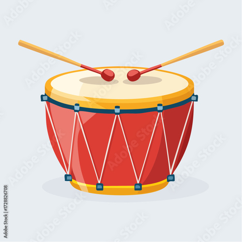 Percussion musical instrument with a snare drum and drumsticks isolated on white for music and beat design