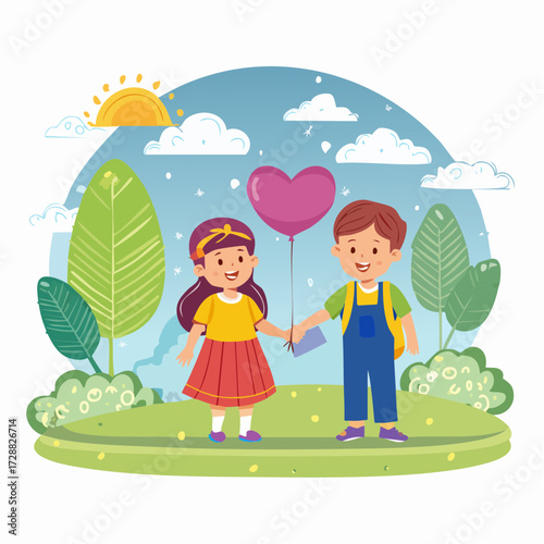 A cute illustration of a boy giving a heart balloon to a girl while holding hands in a sunny park.
