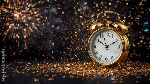 Happy New Year 2026 celebration background with golden clock striking midnight, fireworks, glittering confetti, and festive greeting design.