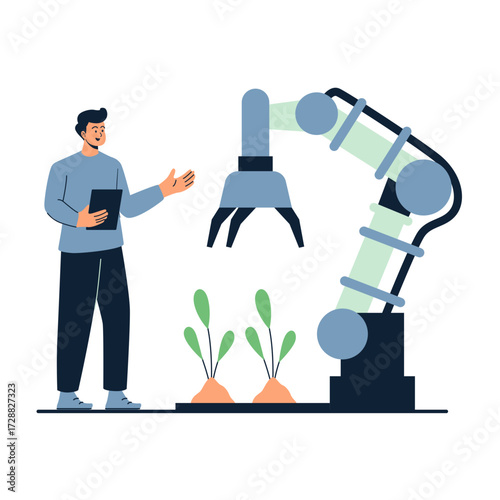 Smart Farming Smart farming vector illustration. Farmer with wireless IoT icons showing greenhouse