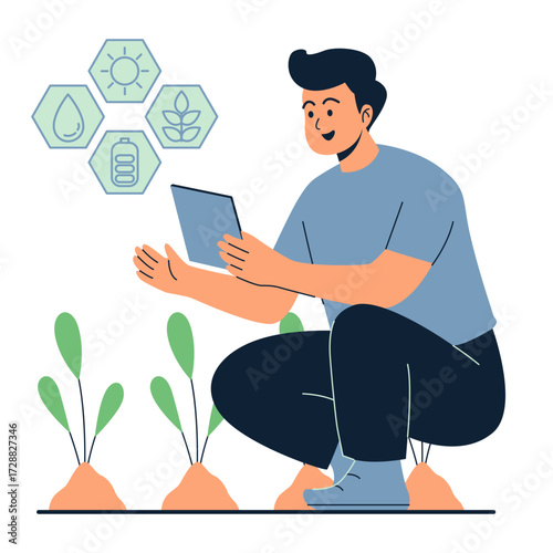 Smart Farming Smart farming vector illustration. Farmer with wireless IoT icons showing greenhouse
