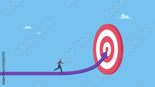 Ambitious businessman running on growth arrow path to target bullseye. Progress to goal or reaching business target, motivation or challenge to achieve success, career growth or improvement.