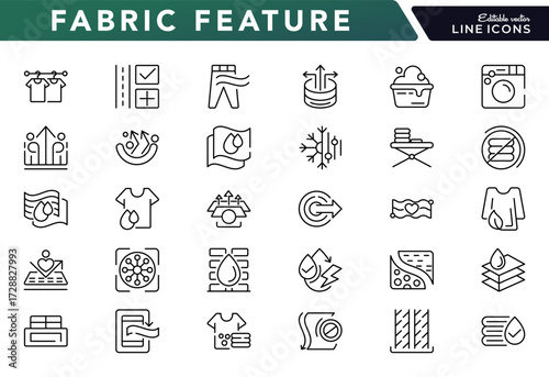 Fabric Feature line icon set. Elastic, antistatic, Eco-friendly, insulation, waterproof, breathable, antibacterial, softness line icon Collection.