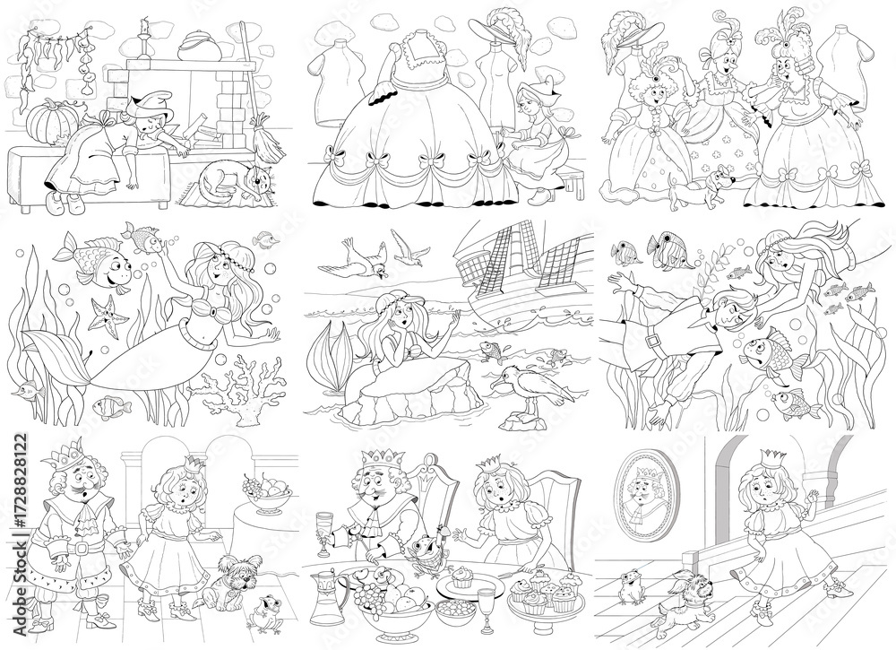Obraz premium Three fairy tales. Cinderella. Mermaid. The Frog Prince. Set of cute and funny illustrations. Coloring page