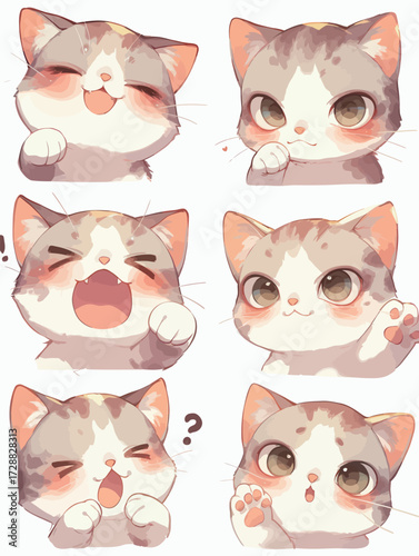 Six adorable cartoon cats display a range of emotions and expressions, bringing joy and charm.