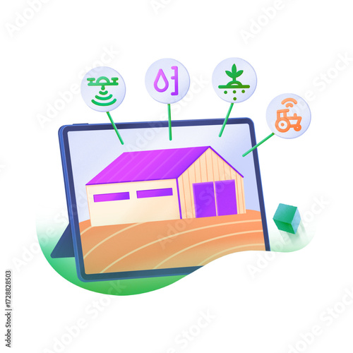 Smart Farming Smart farming vector illustration. Farmer with wireless IoT icons showing greenhouse, water drop, weather, and temperature monitoring