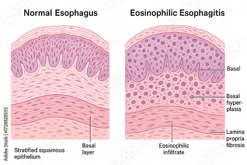 Microscopic Comparison of Normal Esophagus and Eosinophilic Esophagitis