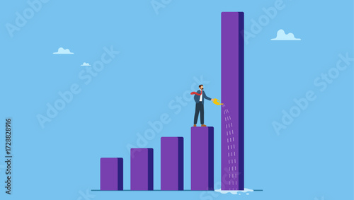 Ambitious businessman pouring water to grow graph plant. Grow your business, increase sales or investment profit, growth, improve company profit, salary increase or earn more income.