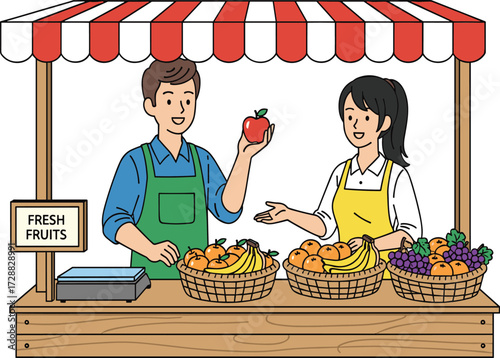 Farmers selling fresh fruits at market stall, male and female vendors, healthy produce, organic food, local agriculture business illustration