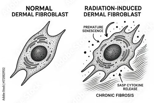 Vector illustration comparing normal dermal fibroblast to radiation-induced fibroblast with premature senescence and SASP cytokine release leading to chronic fibrosis.