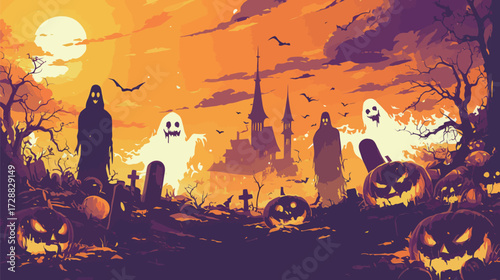 A graveyard is filled with ghostly figures and carved pumpkins as a haunting sunset casts an orange glow. Bats fly across the sky, enhancing the spooky atmosphere.